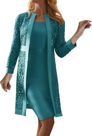 2 Pieces Mother of The Bride Dresses for Wedding with Jacket Knee Length Lace Applique Wedding Guest Dresses for Women
