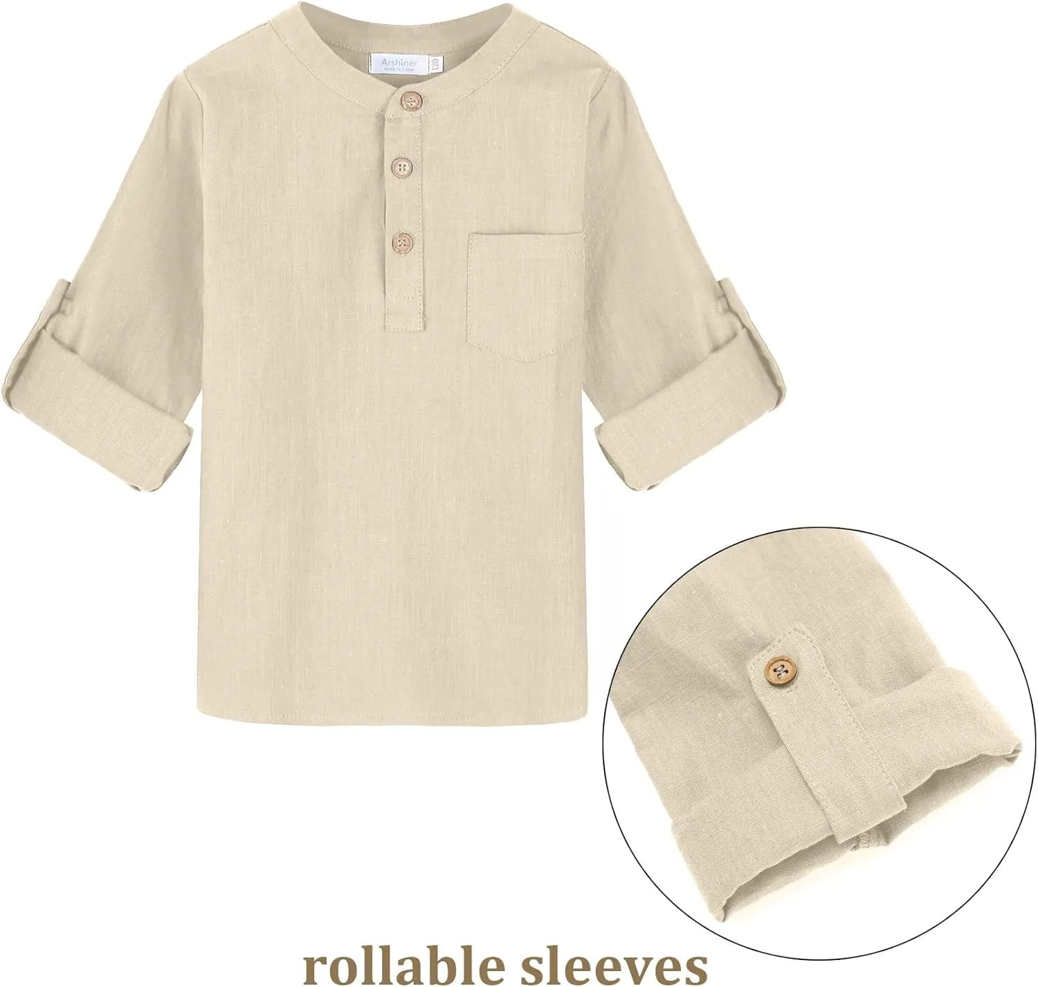 Arshiner Boys Cotton Linen Henley Shirt Button Down Shirt Long Sleeve T Shirt Beach Shirt Tee Casual Solid Tops
