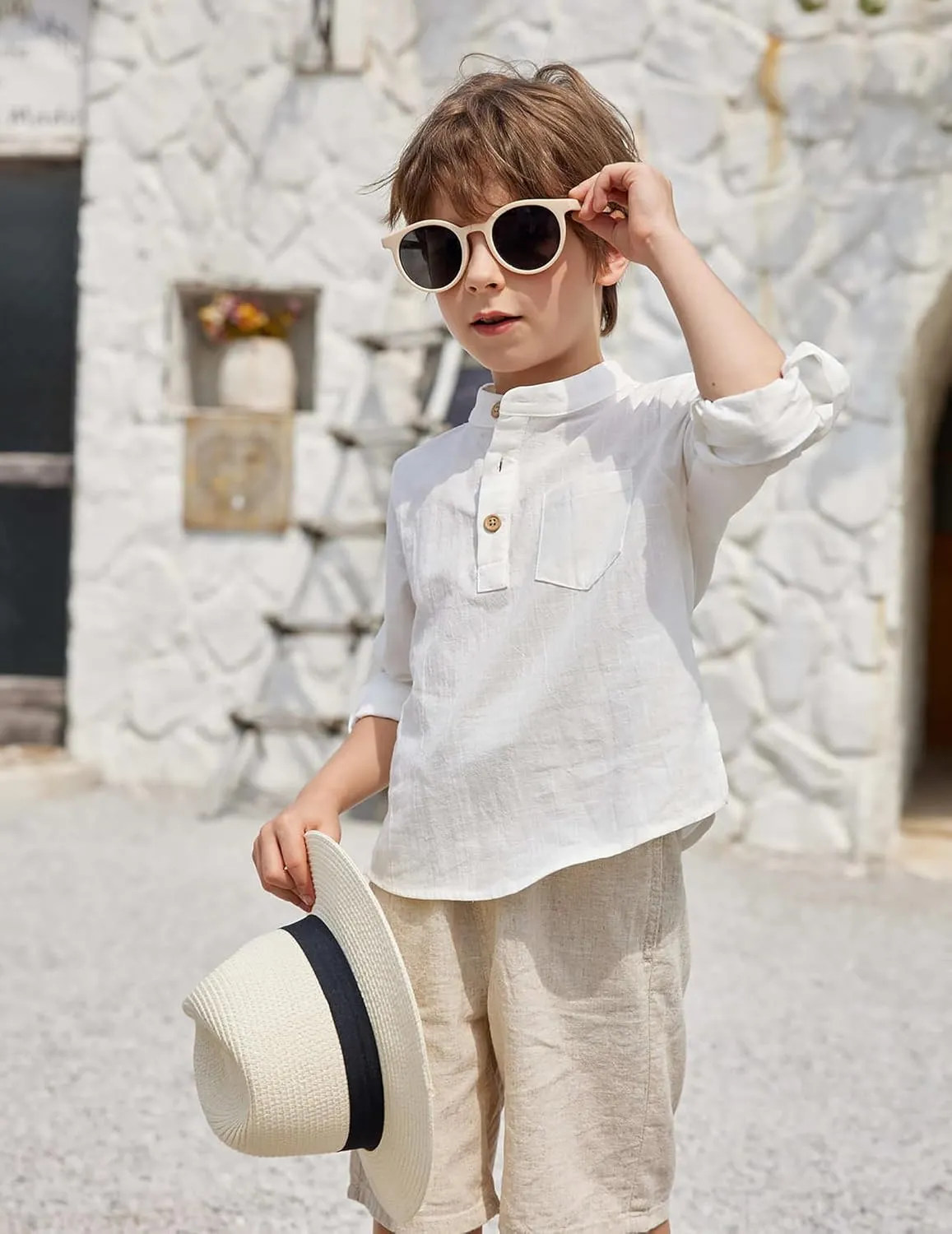Arshiner Boys Cotton Linen Henley Shirt Button Down Shirt Long Sleeve T Shirt Beach Shirt Tee Casual Solid Tops
