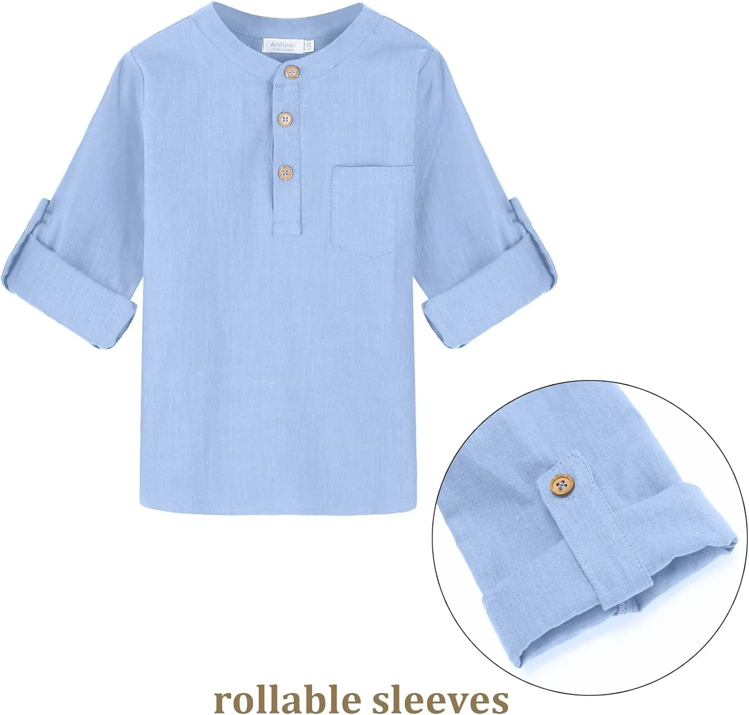 Arshiner Boys Cotton Linen Henley Shirt Button Down Shirt Long Sleeve T Shirt Beach Shirt Tee Casual Solid Tops