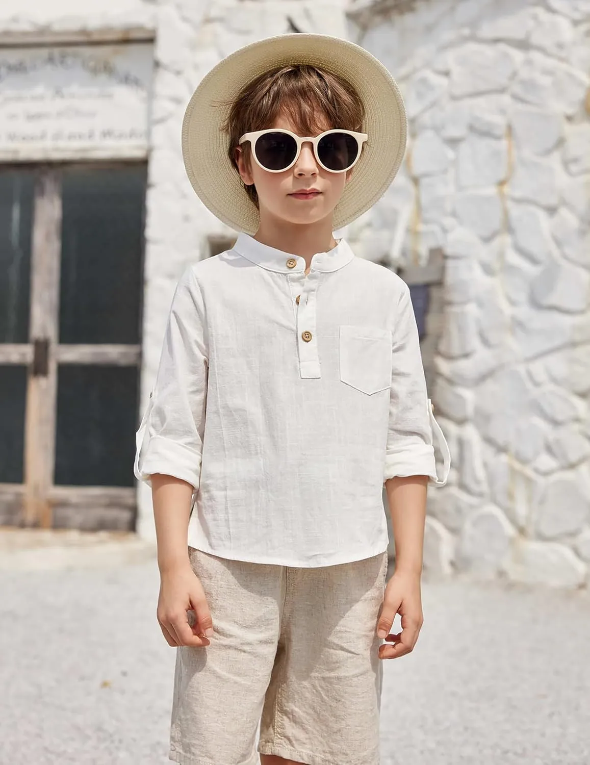 Arshiner Boys Cotton Linen Henley Shirt Button Down Shirt Long Sleeve T Shirt Beach Shirt Tee Casual Solid Tops