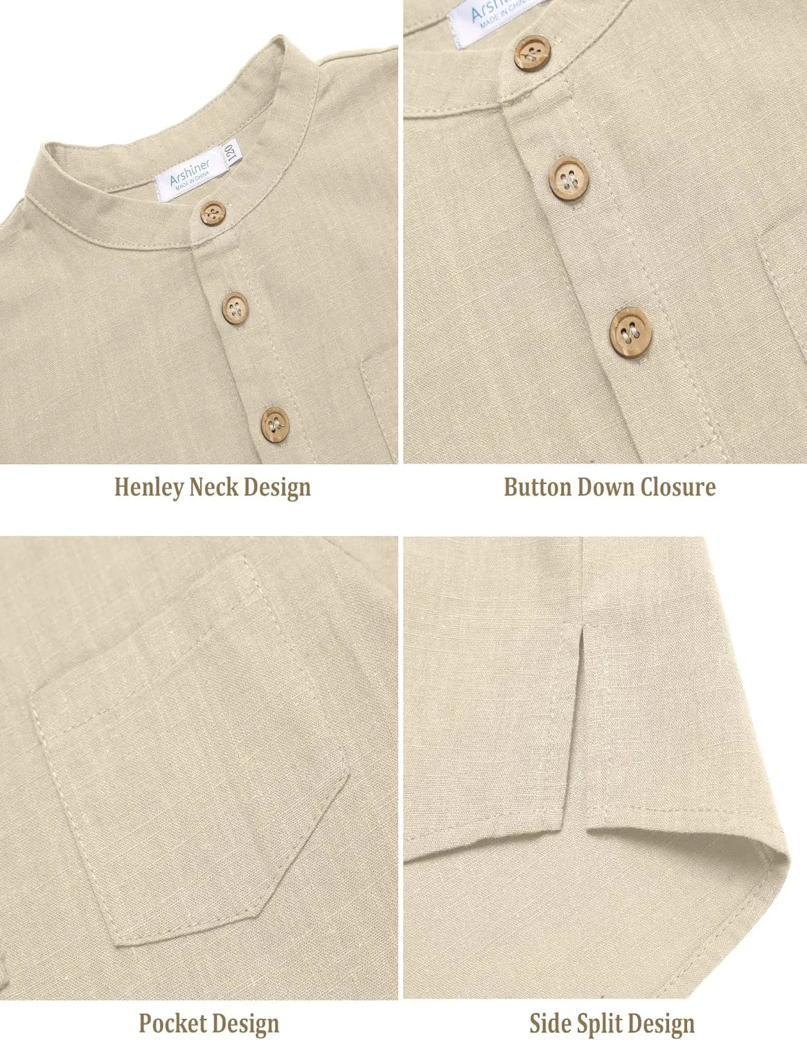 Arshiner Boys Cotton Linen Henley Shirt Button Down Shirt Long Sleeve T Shirt Beach Shirt Tee Casual Solid Tops