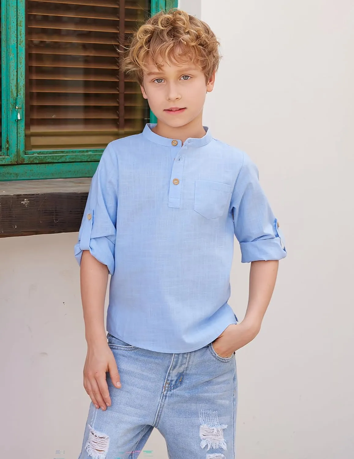 Arshiner Boys Cotton Linen Henley Shirt Button Down Shirt Long Sleeve T Shirt Beach Shirt Tee Casual Solid Tops