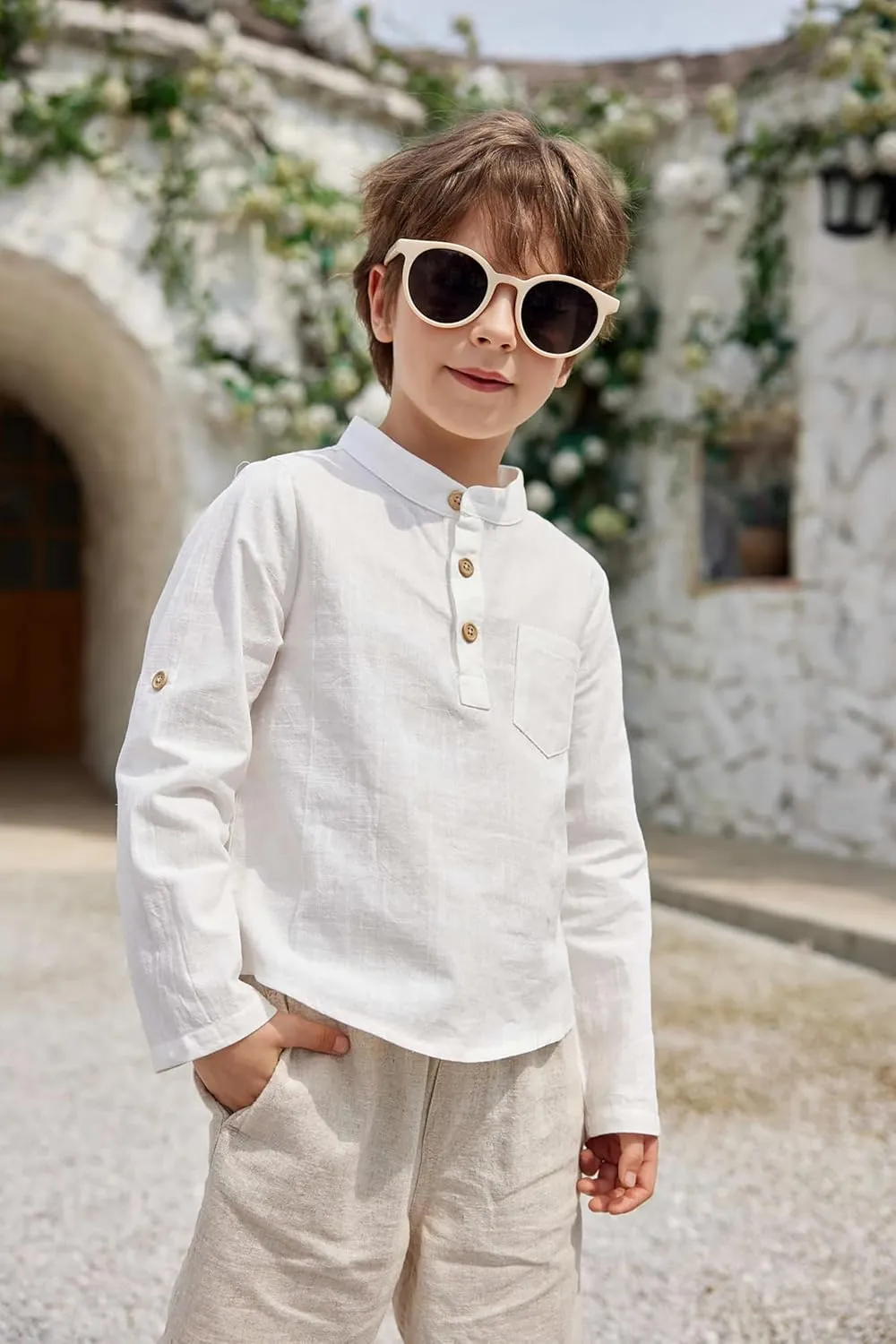 Arshiner Boys Cotton Linen Henley Shirt Button Down Shirt Long Sleeve T Shirt Beach Shirt Tee Casual Solid Tops