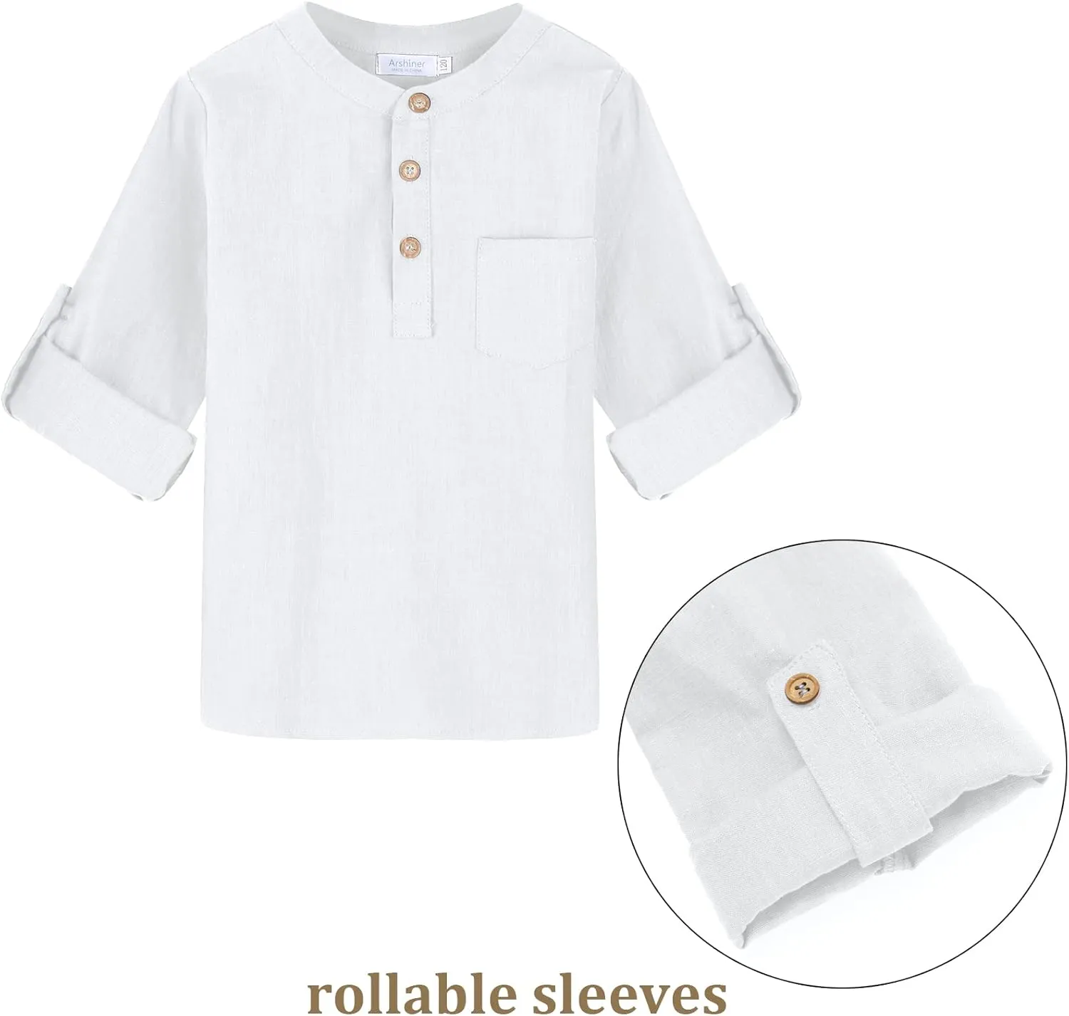 Arshiner Boys Cotton Linen Henley Shirt Button Down Shirt Long Sleeve T Shirt Beach Shirt Tee Casual Solid Tops