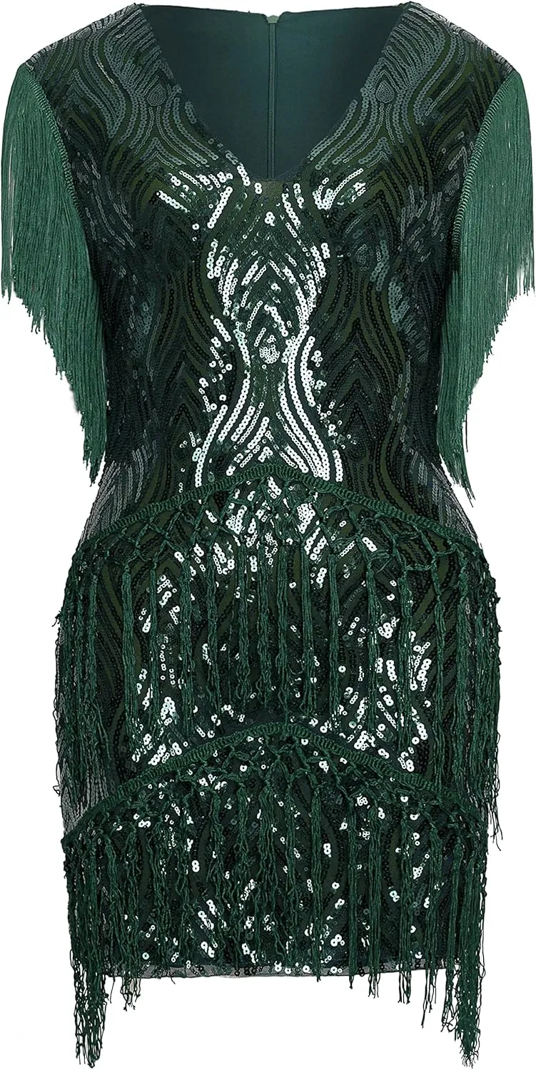 BABEYOND 1920s Plus Size Flapper Dress Long Fringed Gatsby Dress Plus Sequins Beaded Vintage Dress