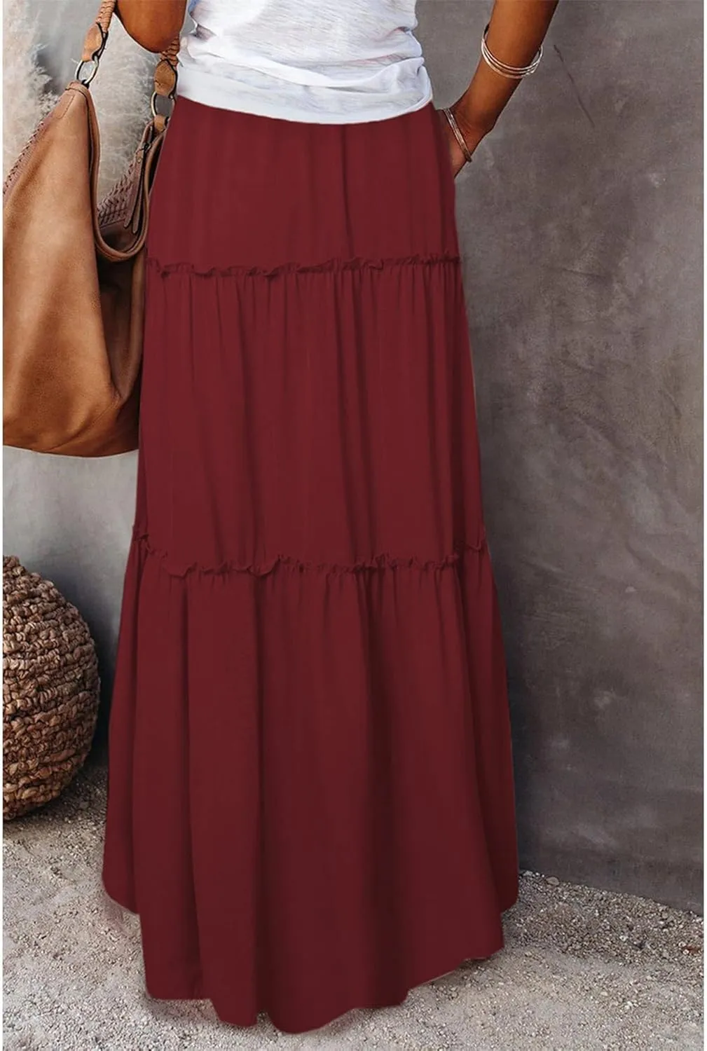Boho Skirts for Women Summer Casual Summer Elastic High Waist A-Line Ruffle Hem Maxi Skirt Beach Long Skirt