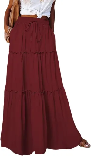 Boho Skirts for Women Summer Casual Summer Elastic High Waist A-Line Ruffle Hem Maxi Skirt Beach Long Skirt
