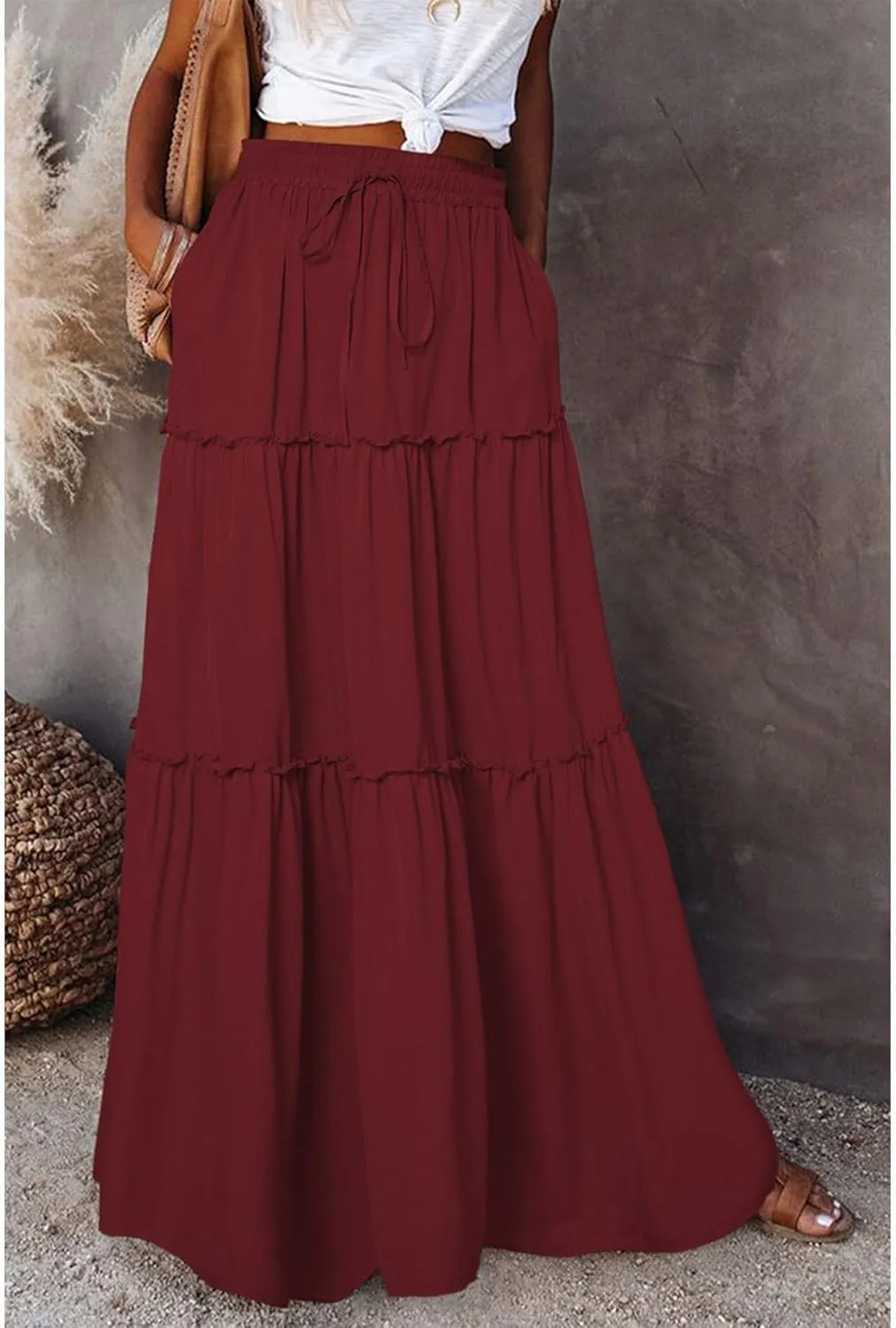 Boho Skirts for Women Summer Casual Summer Elastic High Waist A-Line Ruffle Hem Maxi Skirt Beach Long Skirt