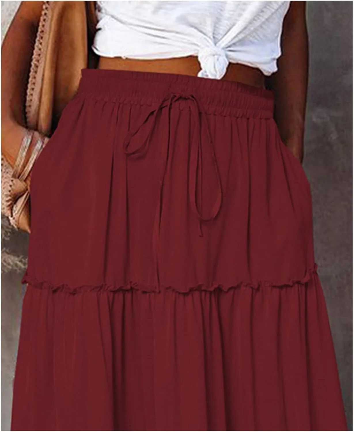 Boho Skirts for Women Summer Casual Summer Elastic High Waist A-Line Ruffle Hem Maxi Skirt Beach Long Skirt