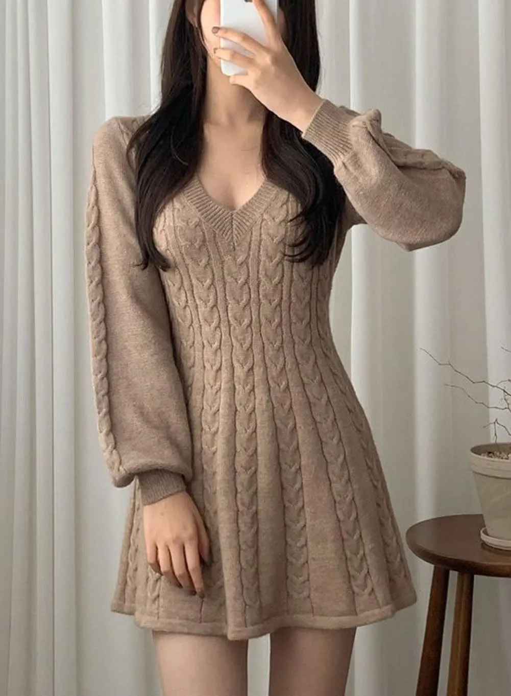 CHARTOU Women Fall Chunky Cable Knit V Neck Lantern Long Sleeve Pullover Sweater Dress