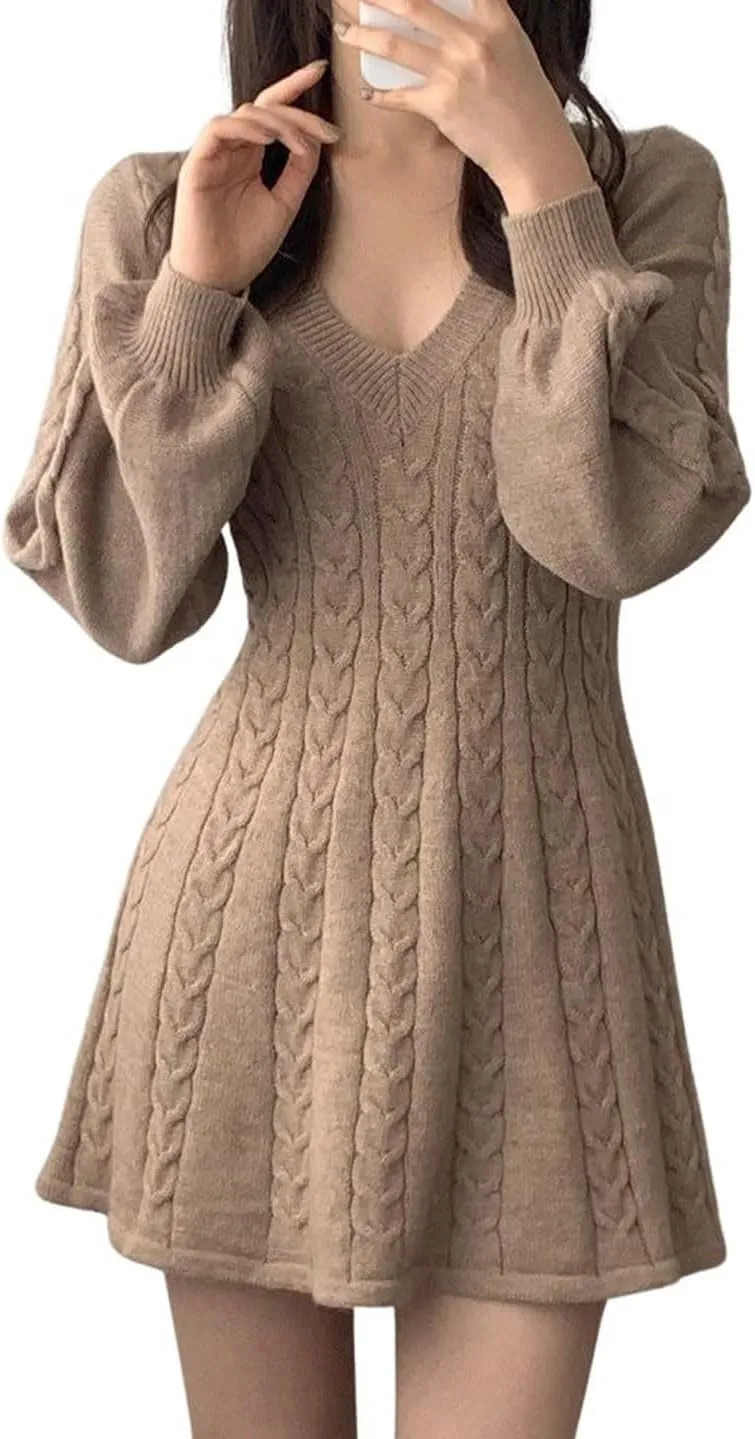 CHARTOU Women Fall Chunky Cable Knit V Neck Lantern Long Sleeve Pullover Sweater Dress