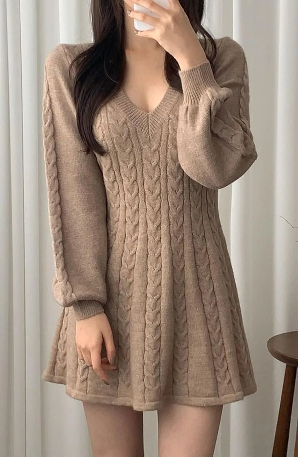 CHARTOU Women Fall Chunky Cable Knit V Neck Lantern Long Sleeve Pullover Sweater Dress