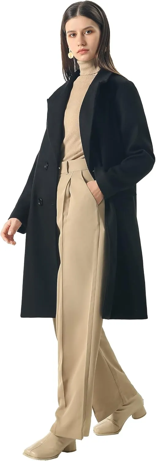 CHARTOU Women's Winter Oversize Lapel Collar Woolen Plaid Double Breasted Long Peacoat Jacket