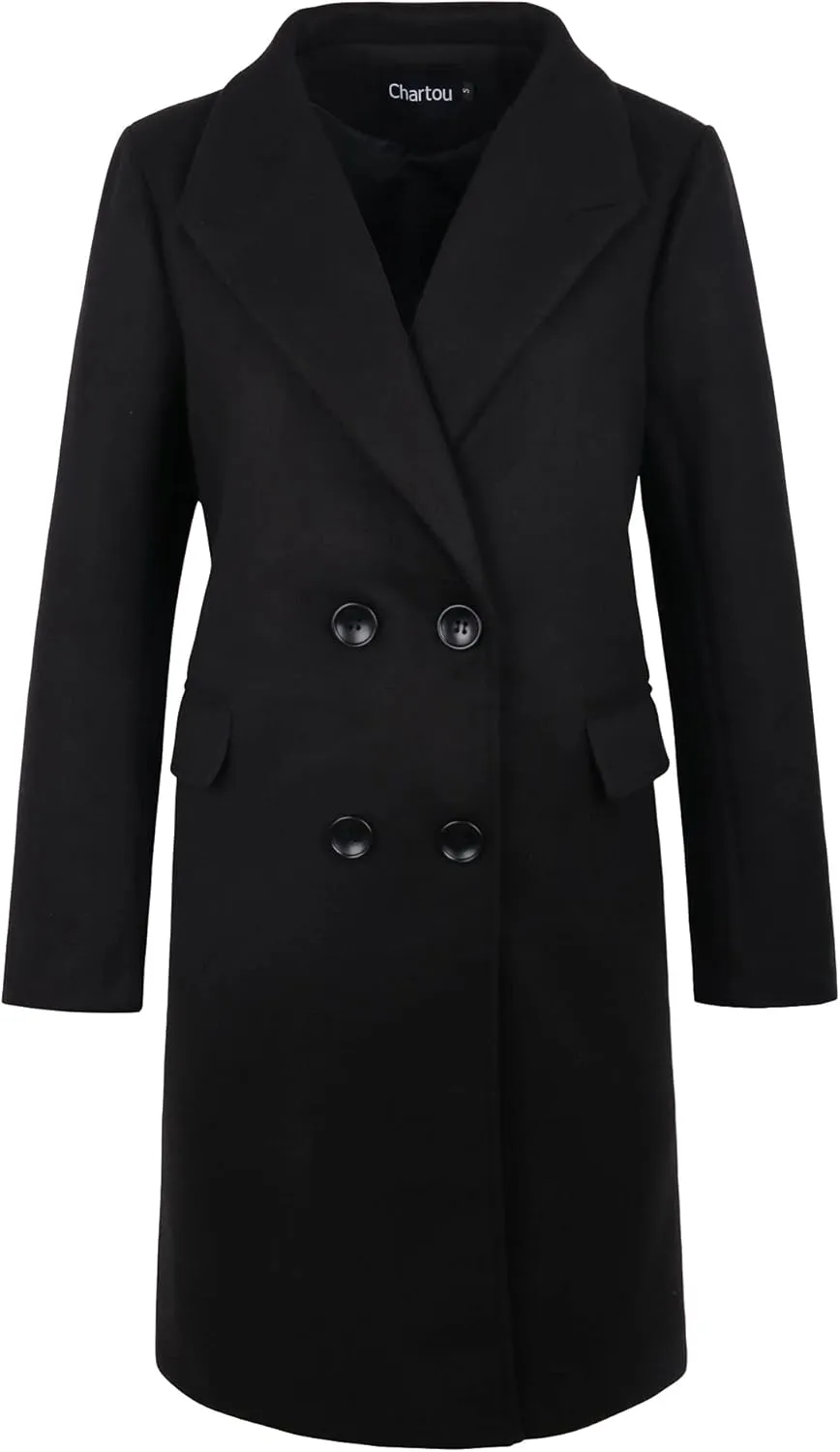 CHARTOU Women's Winter Oversize Lapel Collar Woolen Plaid Double Breasted Long Peacoat Jacket