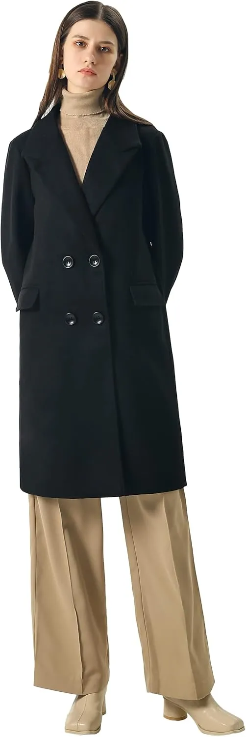 CHARTOU Women's Winter Oversize Lapel Collar Woolen Plaid Double Breasted Long Peacoat Jacket