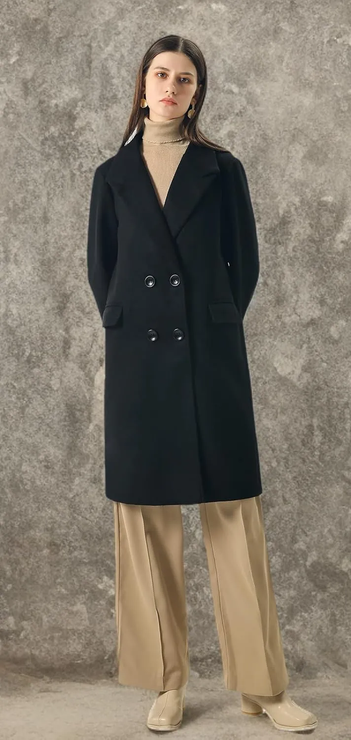 CHARTOU Women's Winter Oversize Lapel Collar Woolen Plaid Double Breasted Long Peacoat Jacket