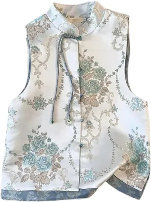 Chinese Style Tops Women Satin Embroider Hanfu Jacket Lady Casual Outwear Vintage Button Down Cheongsam Vest