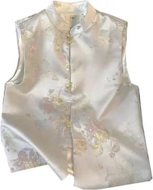 Chinese Style Tops Women Satin Embroider Hanfu Jacket Lady Casual Outwear Vintage Button Down Cheongsam Vest