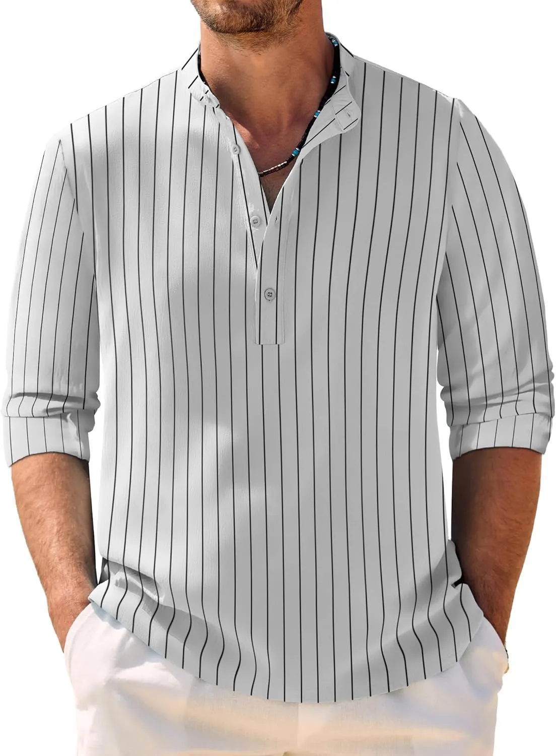COOFANDY Men's Casual Henley Shirt Band Collar Long Sleeve Shirt Beach Hippie Summer Button T Shirt