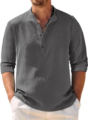 COOFANDY Men's Casual Henley Shirt Band Collar Long Sleeve Shirt Beach Hippie Summer Button T Shirt