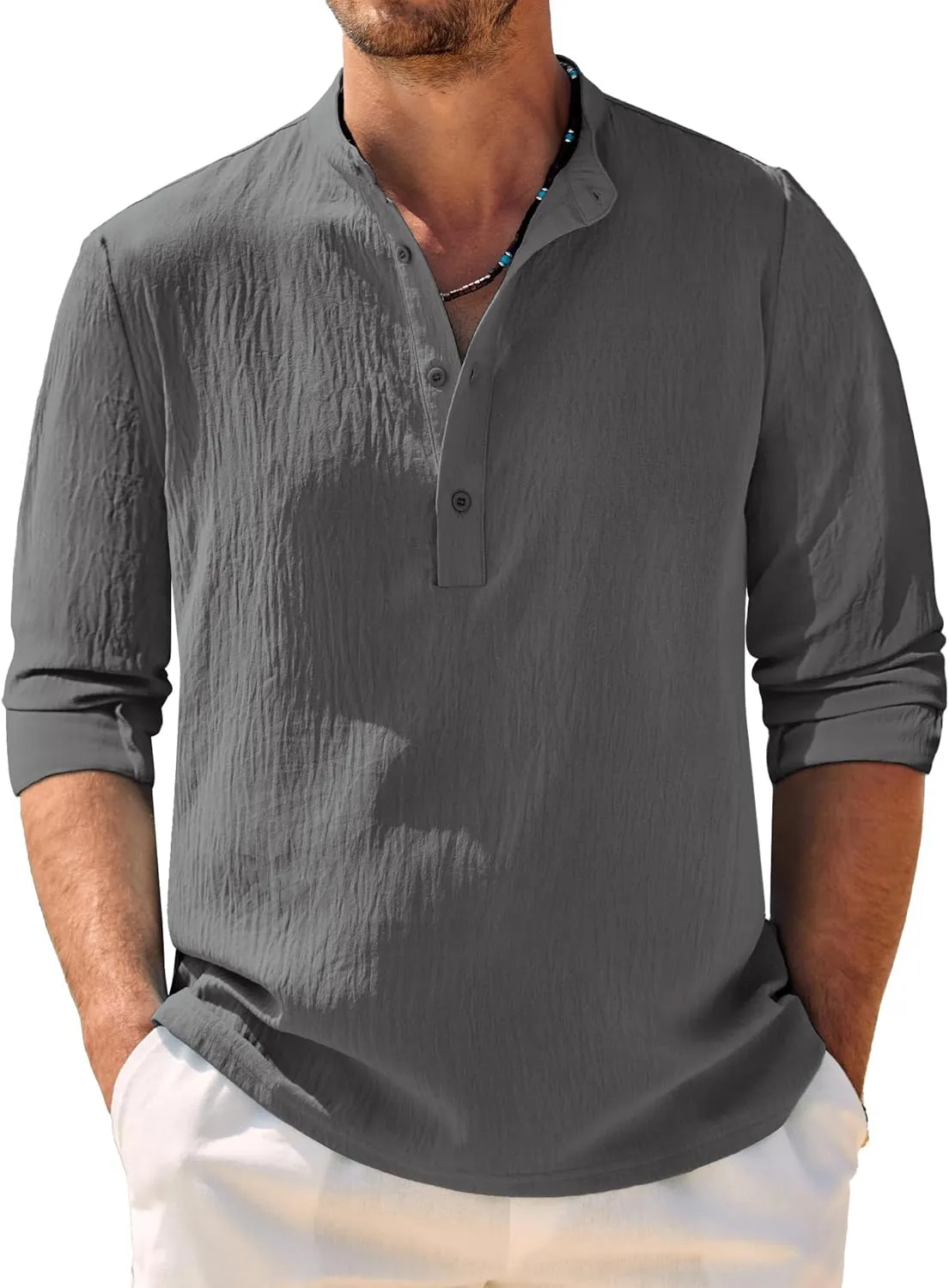 COOFANDY Men's Casual Henley Shirt Band Collar Long Sleeve Shirt Beach Hippie Summer Button T Shirt