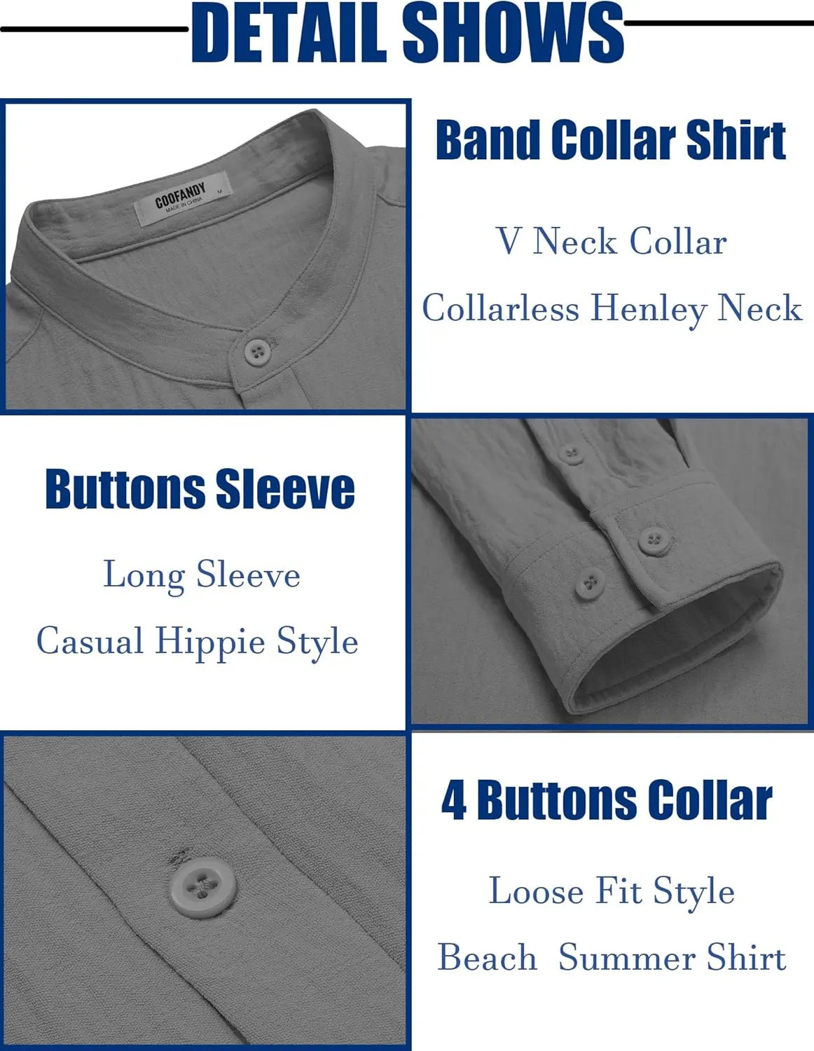 COOFANDY Men's Casual Henley Shirt Band Collar Long Sleeve Shirt Beach Hippie Summer Button T Shirt