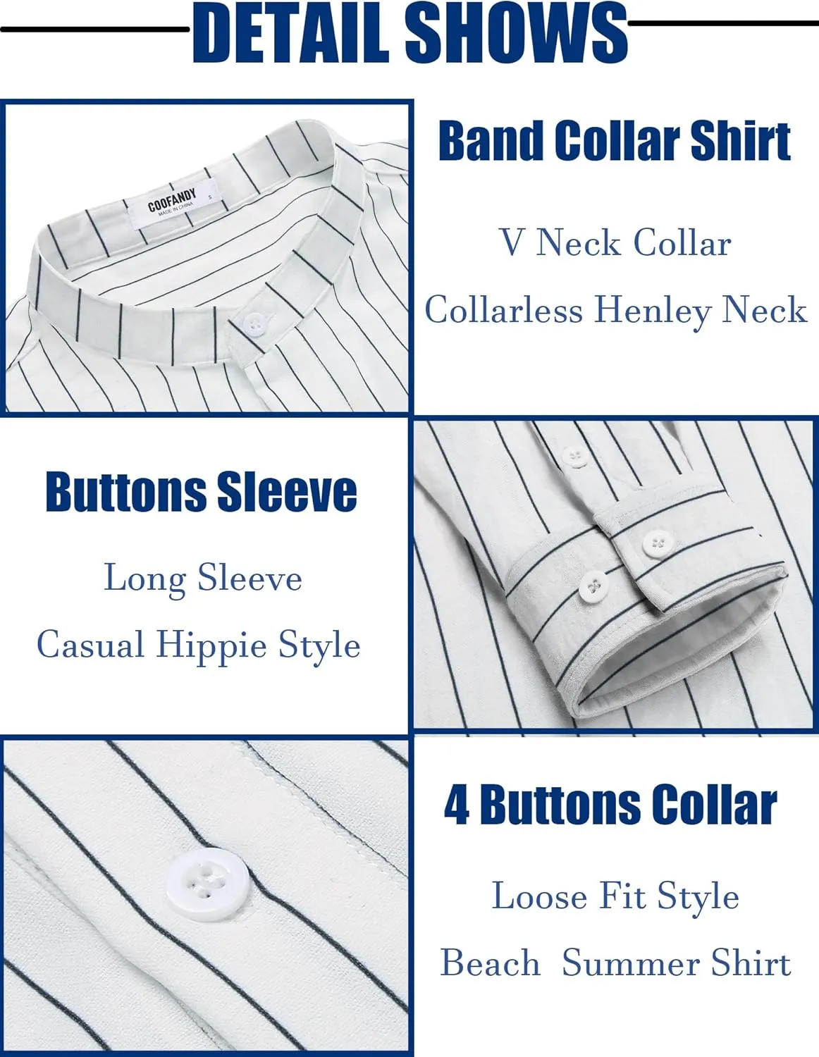 COOFANDY Men's Casual Henley Shirt Band Collar Long Sleeve Shirt Beach Hippie Summer Button T Shirt