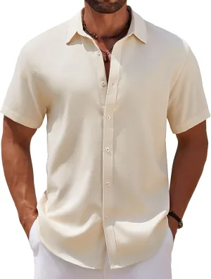 COOFANDY Mens Casual Summer Beach Shirt Short Sleeve Button Down Shirt Vacation Wedding Shirt Linen Textured Shirts