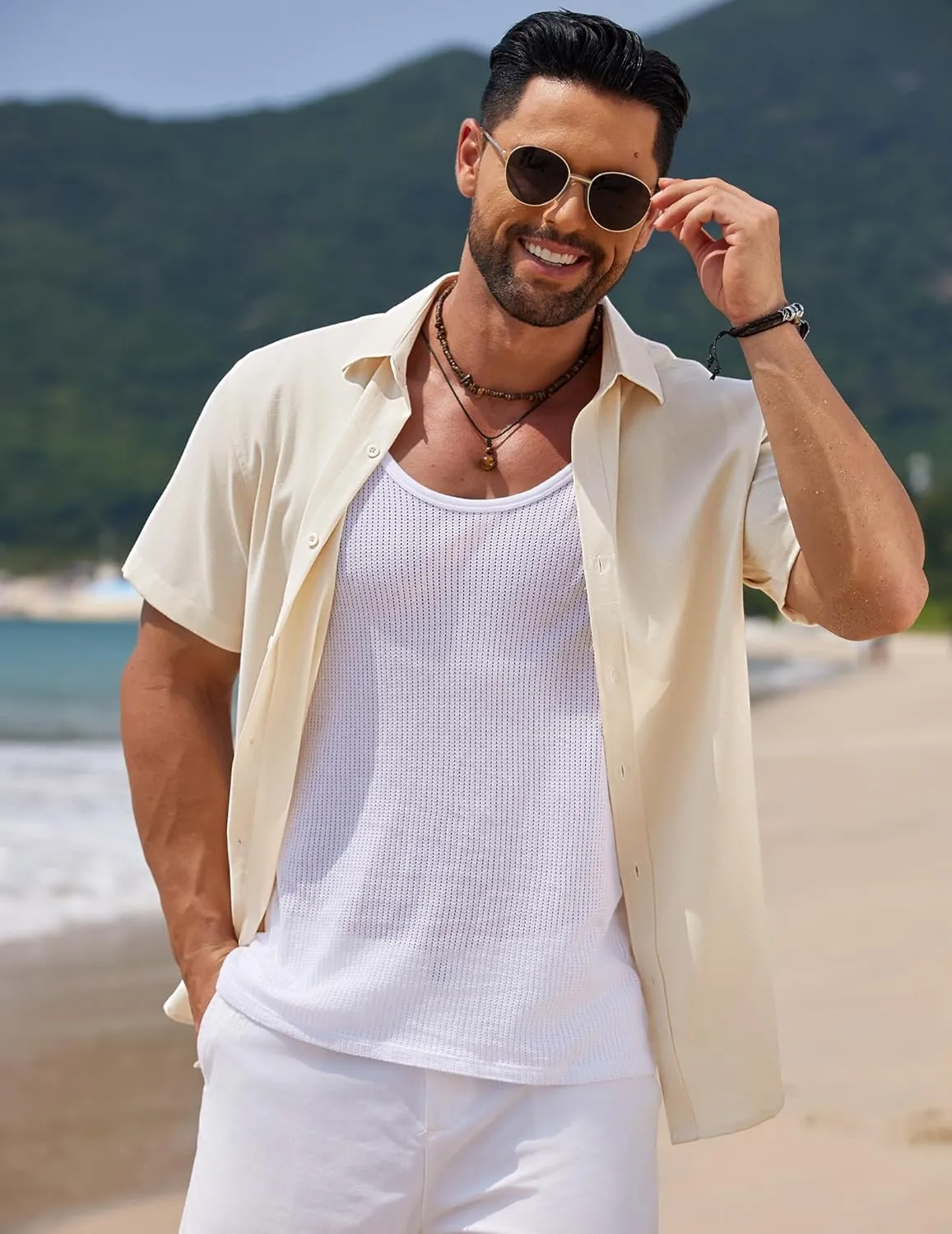 COOFANDY Mens Casual Summer Beach Shirt Short Sleeve Button Down Shirt Vacation Wedding Shirt Linen Textured Shirts