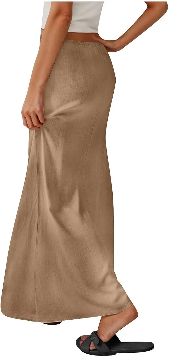 Cotton Linen Maxi Skirts for Women 2025 Drawstring Elastic High Rise Dress A Line Cute Vacation Boho Long Flowy Skirts