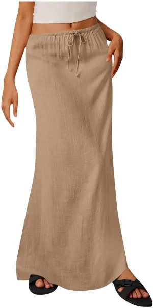 Cotton Linen Maxi Skirts for Women 2025 Drawstring Elastic High Rise Dress A Line Cute Vacation Boho Long Flowy Skirts