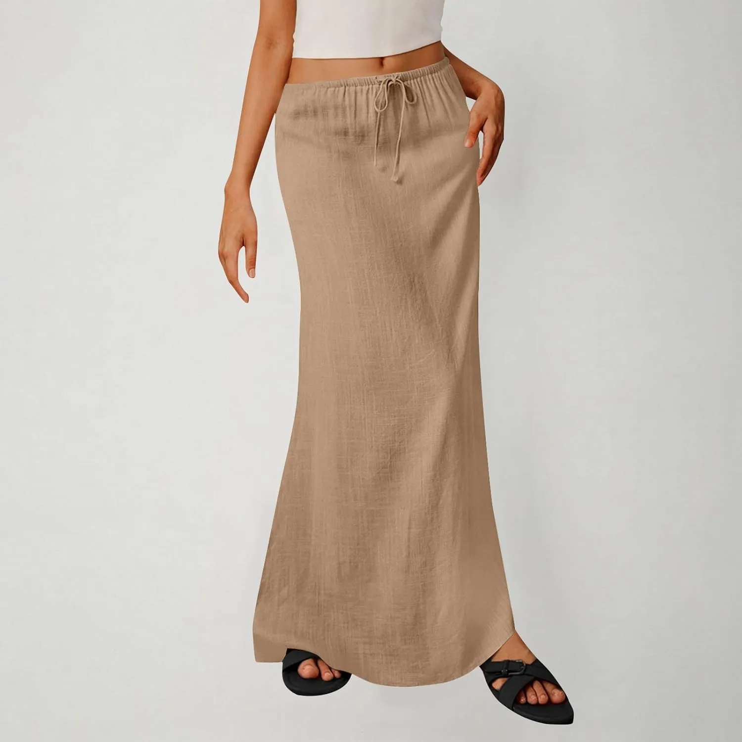 Cotton Linen Maxi Skirts for Women 2025 Drawstring Elastic High Rise Dress A Line Cute Vacation Boho Long Flowy Skirts