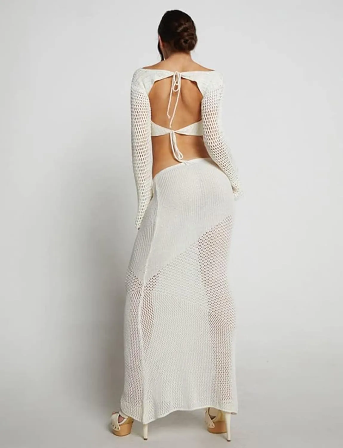Crochet Knit 2 Piece Skirt Sets for Women Summer Hollow Out Crop Top Bodycon High Waist Maxi Skirt Sets Beach Dress
