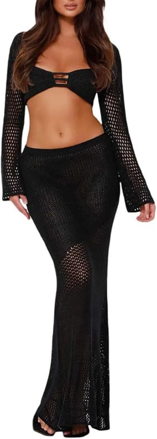Crochet Knit 2 Piece Skirt Sets for Women Summer Hollow Out Crop Top Bodycon High Waist Maxi Skirt Sets Beach Dress
