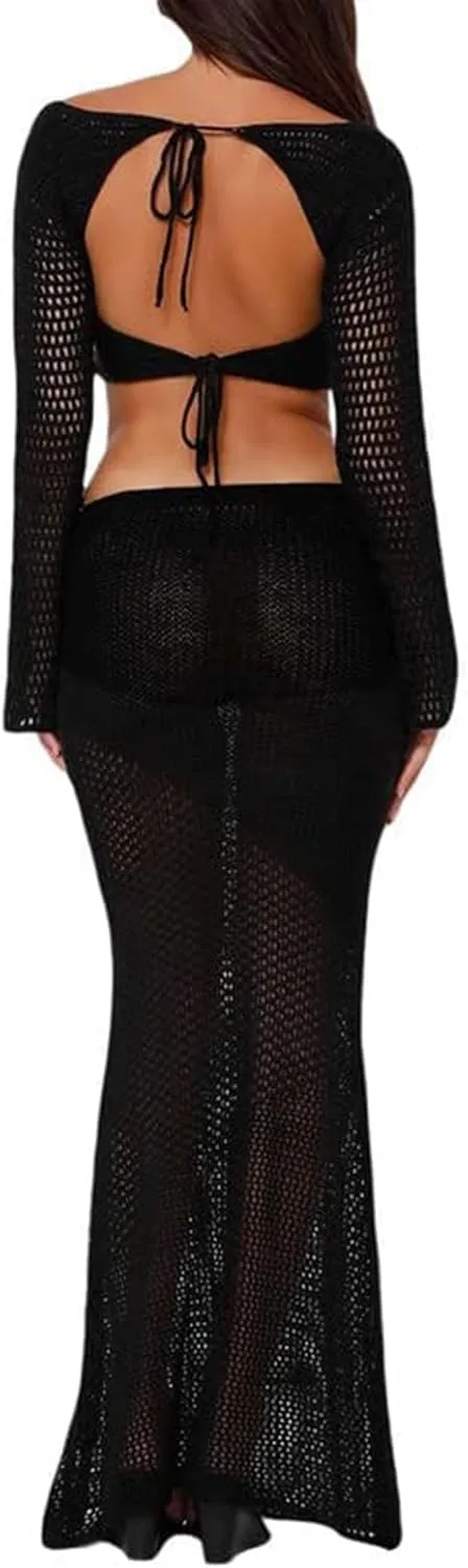 Crochet Knit 2 Piece Skirt Sets for Women Summer Hollow Out Crop Top Bodycon High Waist Maxi Skirt Sets Beach Dress