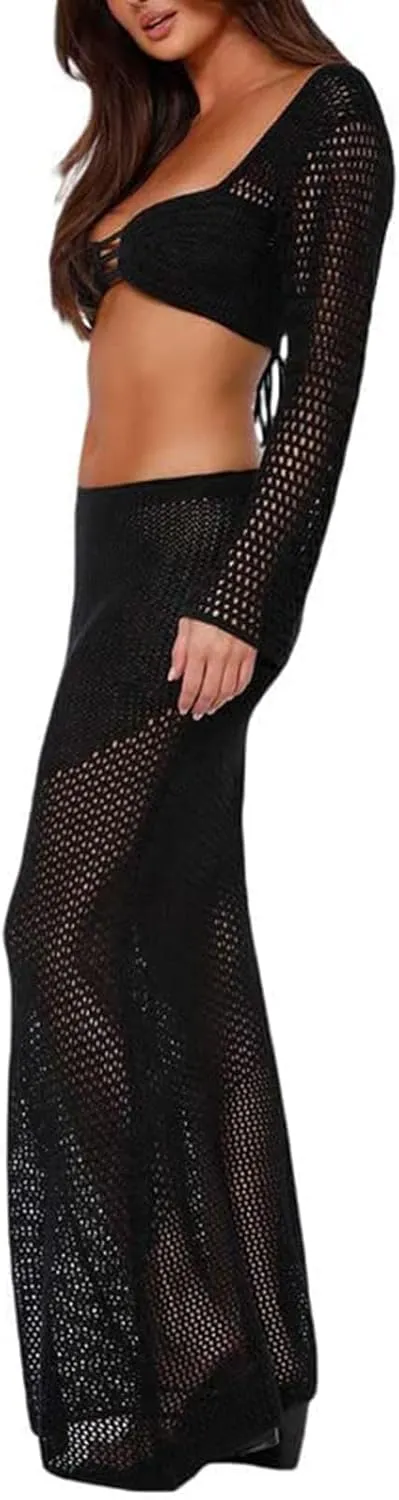 Crochet Knit 2 Piece Skirt Sets for Women Summer Hollow Out Crop Top Bodycon High Waist Maxi Skirt Sets Beach Dress