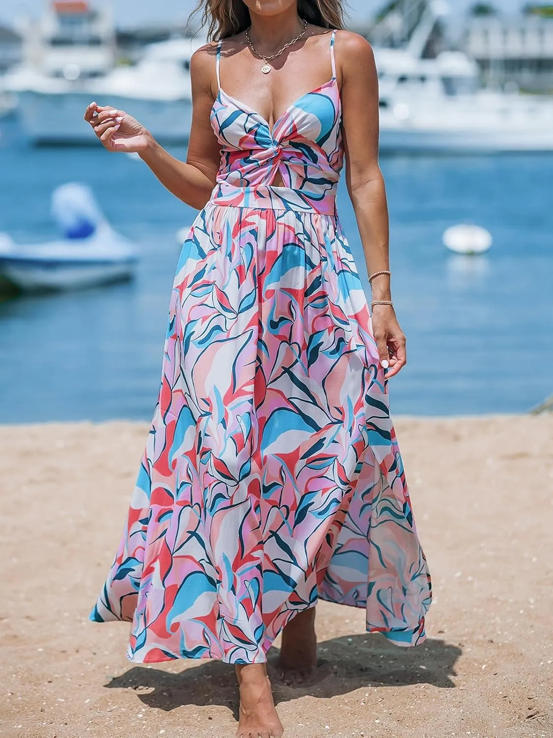 CUPSHE Women's Maxi Dress Floral Print Twisted V Neck Sleeveless Long Dress Summer Casual Dress