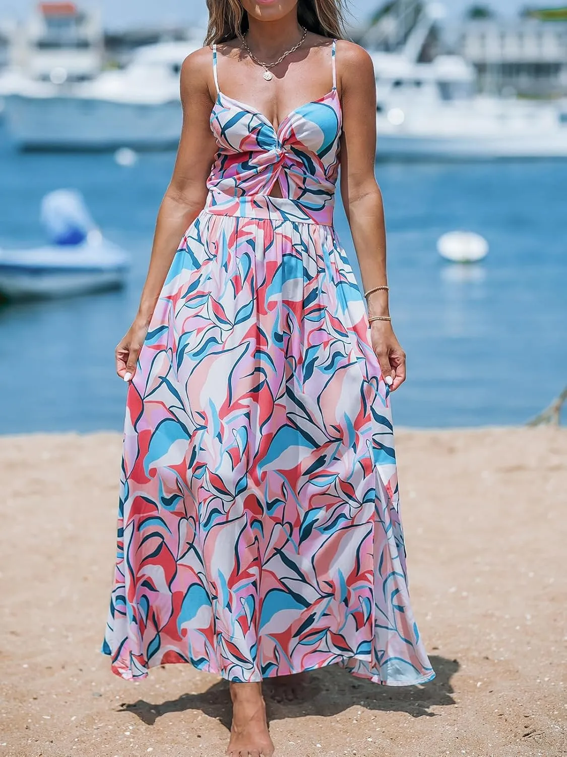 CUPSHE Women's Maxi Dress Floral Print Twisted V Neck Sleeveless Long Dress Summer Casual Dress