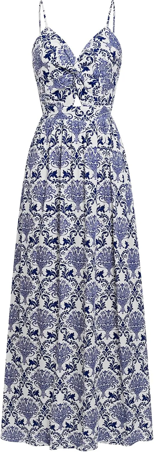 CUPSHE Women's Maxi Dress Floral Print Twisted V Neck Sleeveless Long Dress Summer Casual Dress