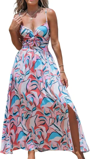 CUPSHE Women's Maxi Dress Floral Print Twisted V Neck Sleeveless Long Dress Summer Casual Dress