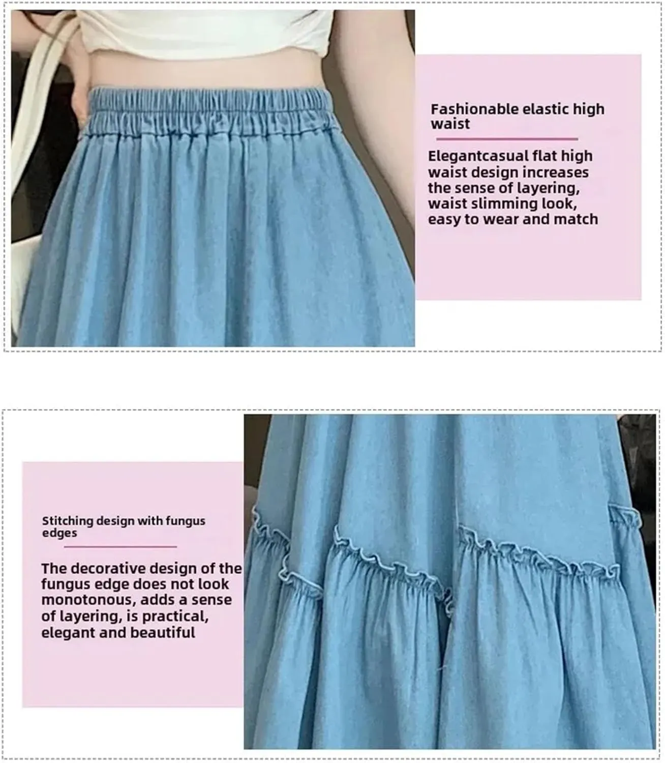 Dcvmvmn Denim Skirt for Womens Elastic Waist Medium Length Wide Hemline Semi-Elastic Umbrella Skirts