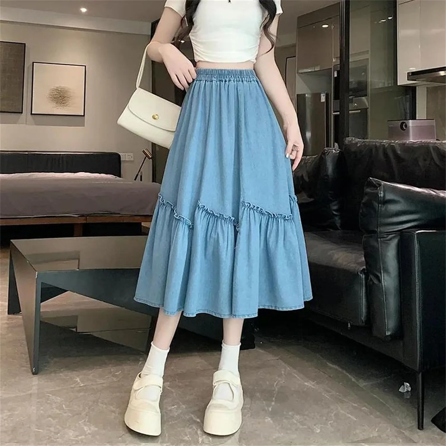 Dcvmvmn Denim Skirt for Womens Elastic Waist Medium Length Wide Hemline Semi-Elastic Umbrella Skirts