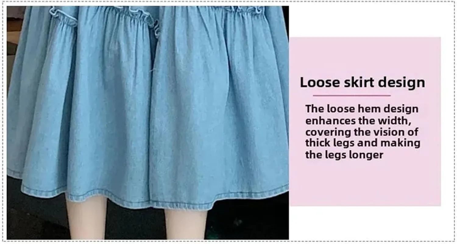 Dcvmvmn Denim Skirt for Womens Elastic Waist Medium Length Wide Hemline Semi-Elastic Umbrella Skirts