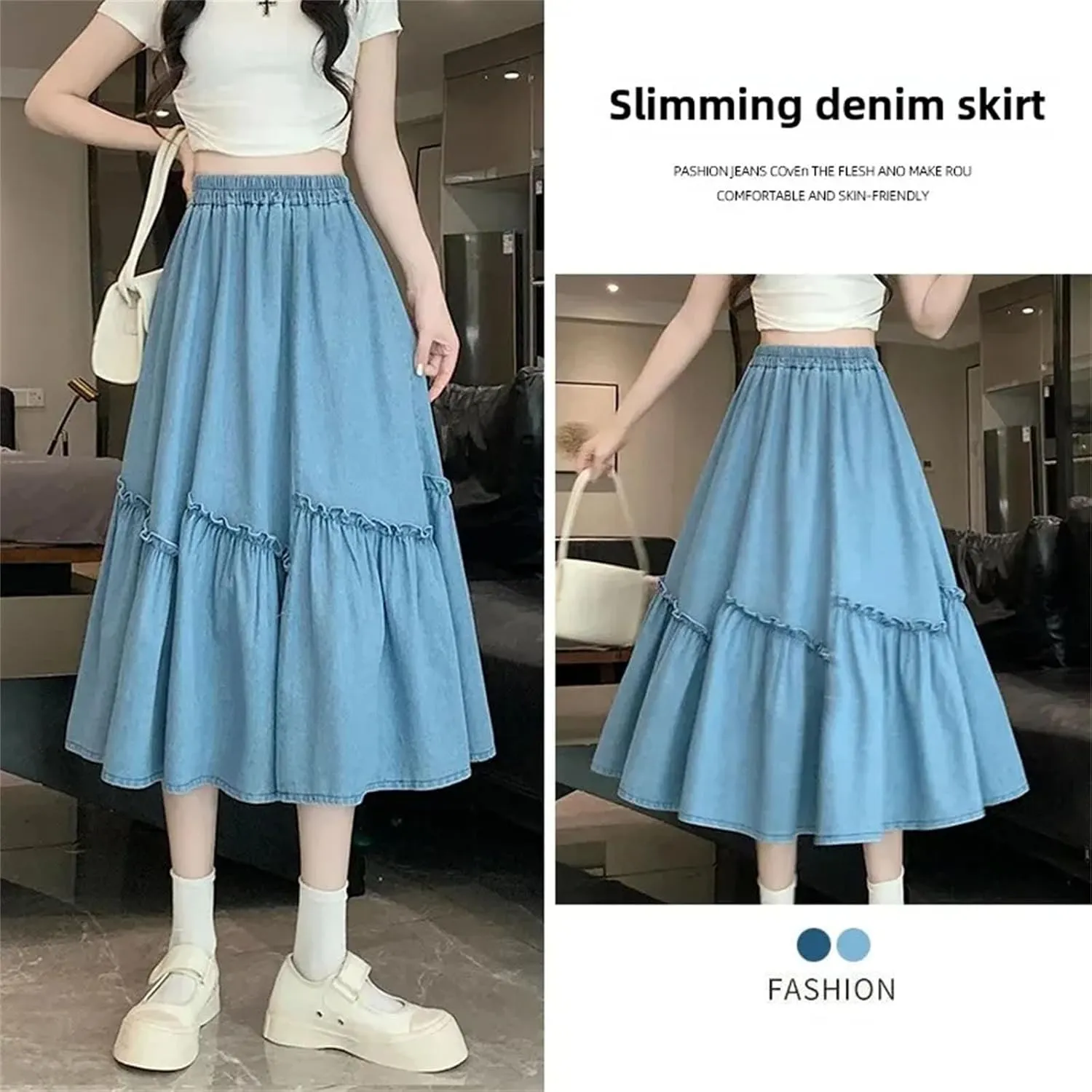 Dcvmvmn Denim Skirt for Womens Elastic Waist Medium Length Wide Hemline Semi-Elastic Umbrella Skirts
