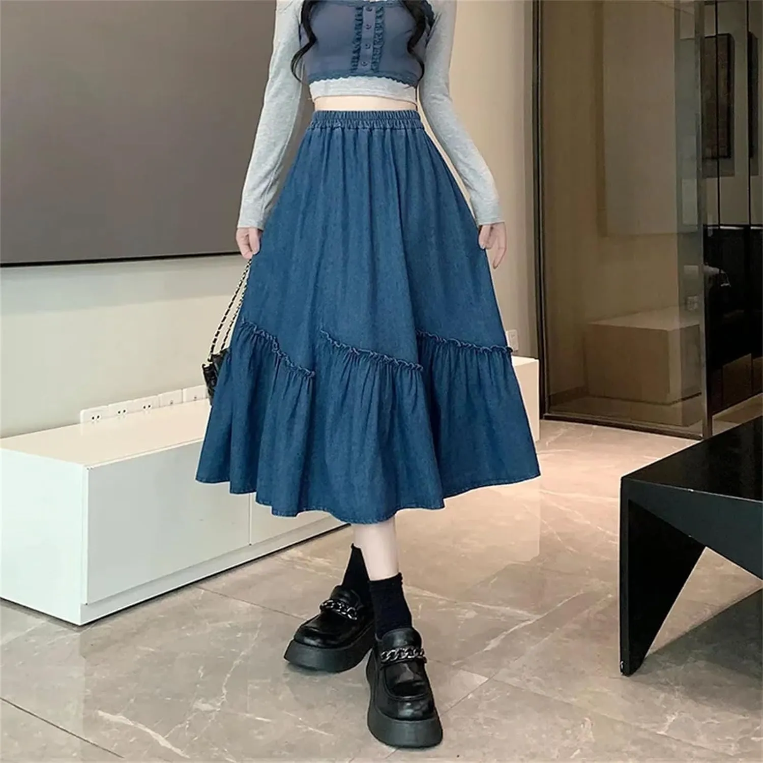 Dcvmvmn Denim Skirt for Womens Elastic Waist Medium Length Wide Hemline Semi-Elastic Umbrella Skirts
