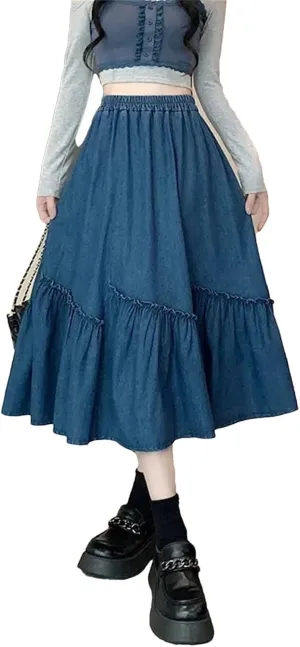 Dcvmvmn Denim Skirt for Womens Elastic Waist Medium Length Wide Hemline Semi-Elastic Umbrella Skirts