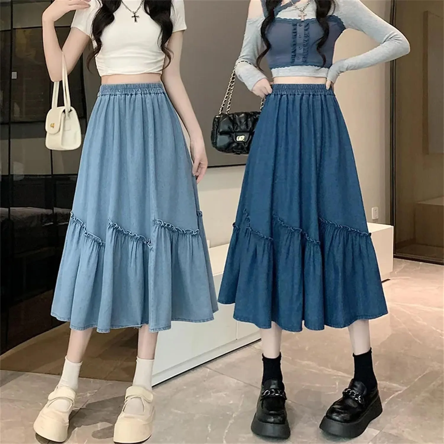 Dcvmvmn Denim Skirt for Womens Elastic Waist Medium Length Wide Hemline Semi-Elastic Umbrella Skirts
