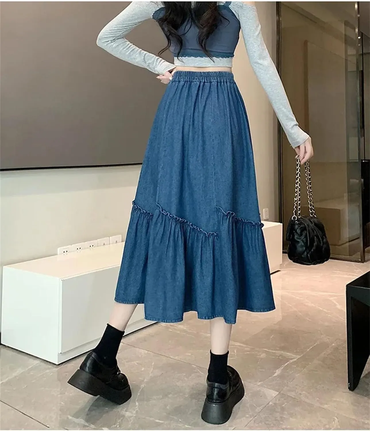 Dcvmvmn Denim Skirt for Womens Elastic Waist Medium Length Wide Hemline Semi-Elastic Umbrella Skirts