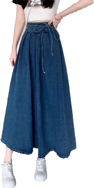 Denim Skirt for Womens Vintage High-Waisted Pleated Slim-Fit Medium-Length Umbrella Jean Skirt